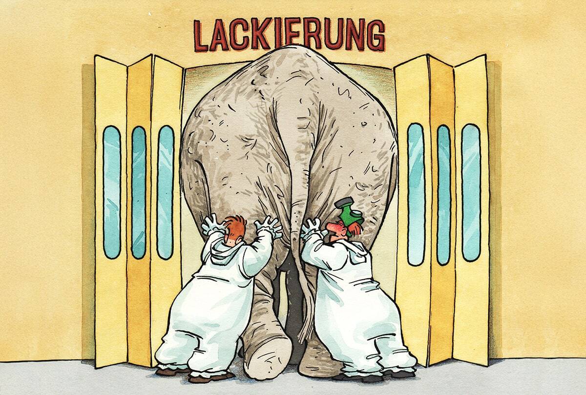 Elefant-wird-in-Lackierkabine-geschoben